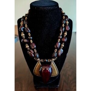 Anthony Alexander Statement Necklace Beaded Multi Strand Pendant Bronze Gold